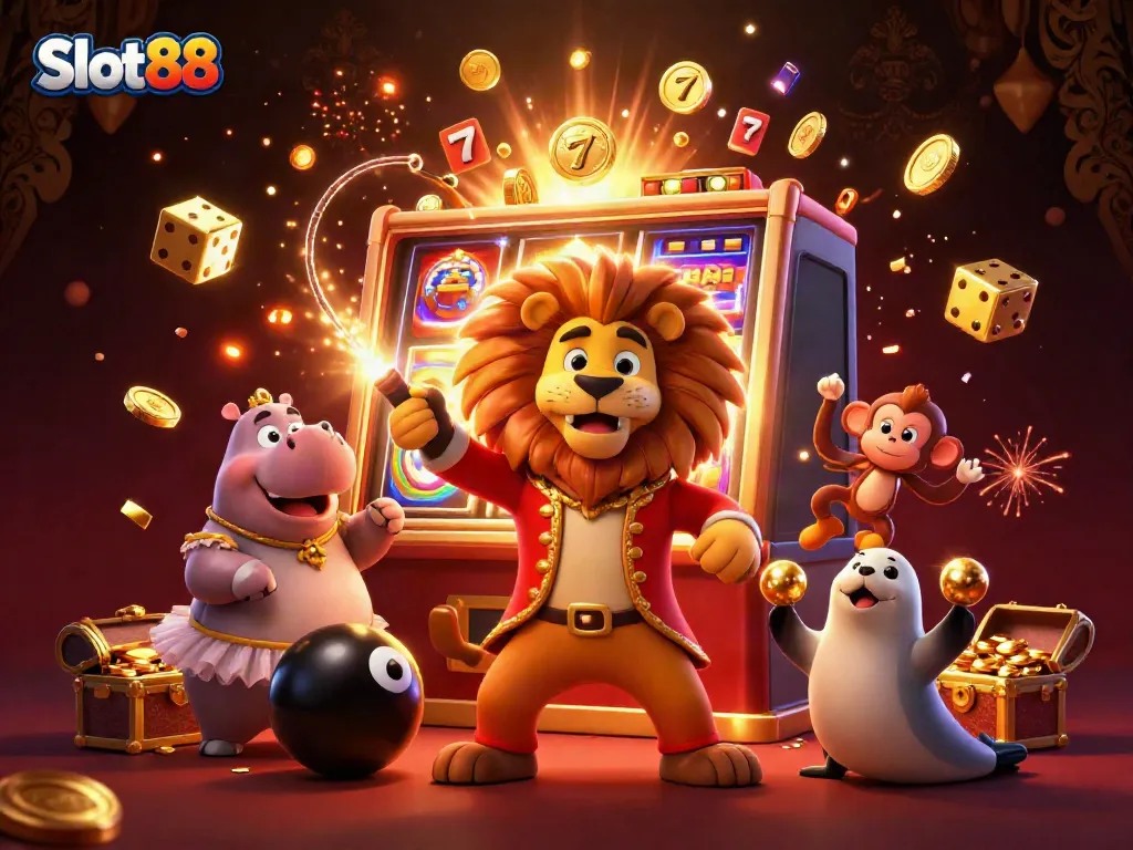 Engage with Slot88's thrilling slots as cheerful characters celebrate abundant winnings.