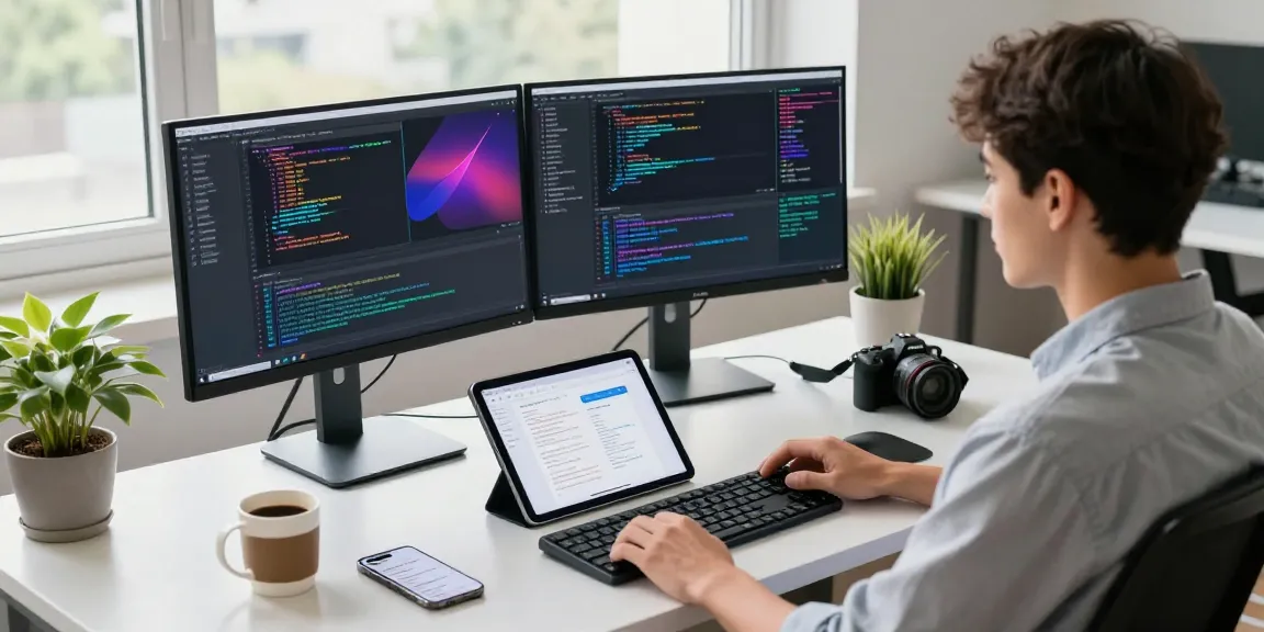 Efficient tech workspace depicting a developer using paper plane app 纸飞机中文版 with dual monitors and vibrant coding.