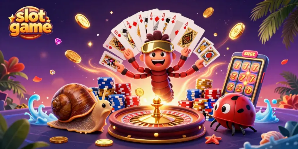 Experience the thrill of slot game with vibrant characters and flying coins in this 3D casino illustration.