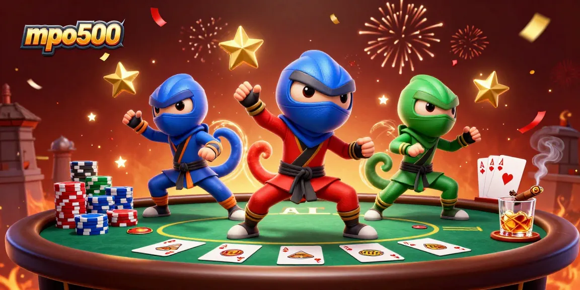 Engage in thrilling action at mpo500 with our vibrant illustration of chameleon ninjas and poker elements.