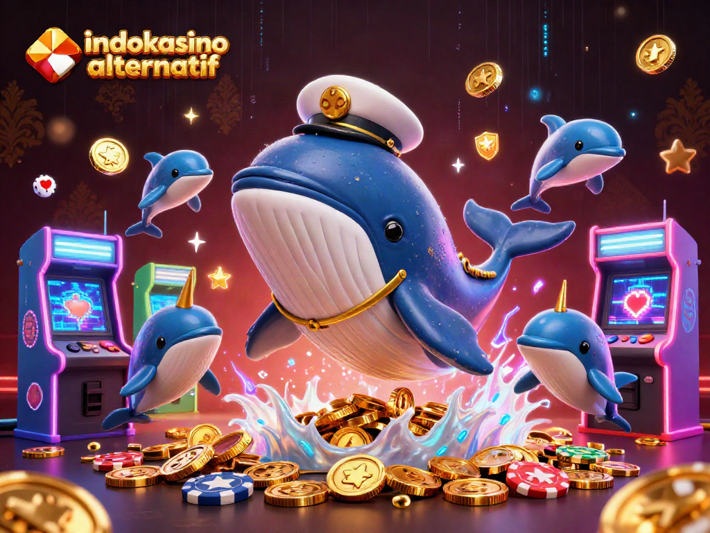 Indokasino alternatif menampilkan paus kartun 3D raksasa di lautan koin yang bersinar.