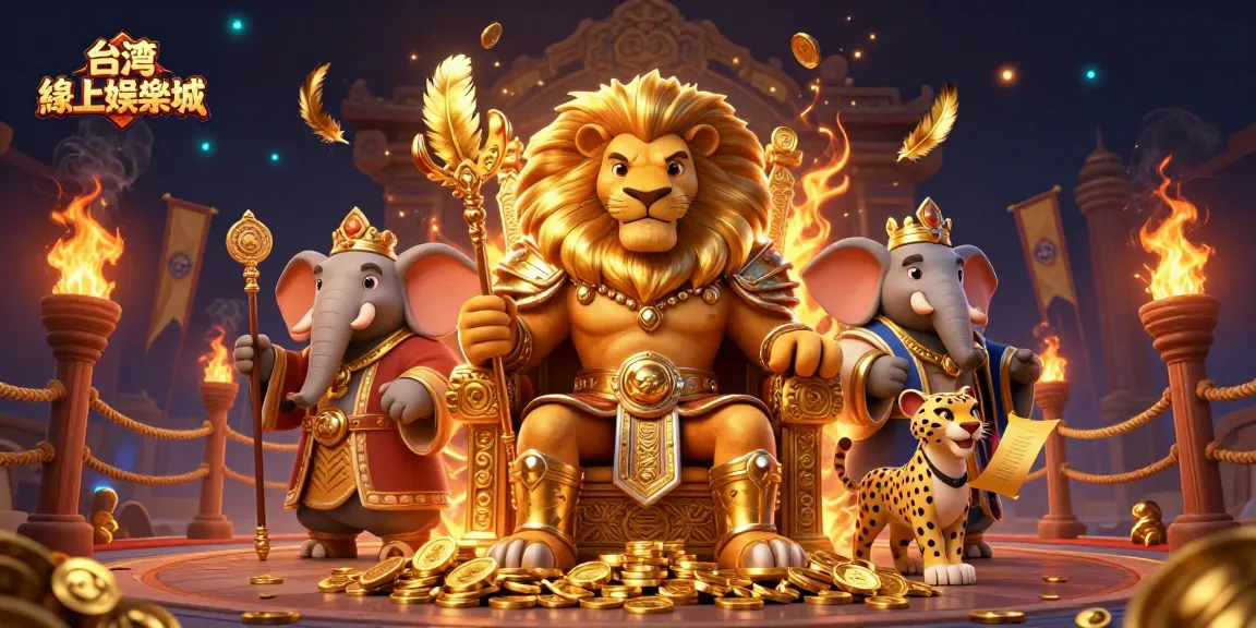 在台灣線上娛樂城遊玩時,感受金獅子國王坐在金幣王座上,周圍擁有豐富的賭博元件與火焰效果。