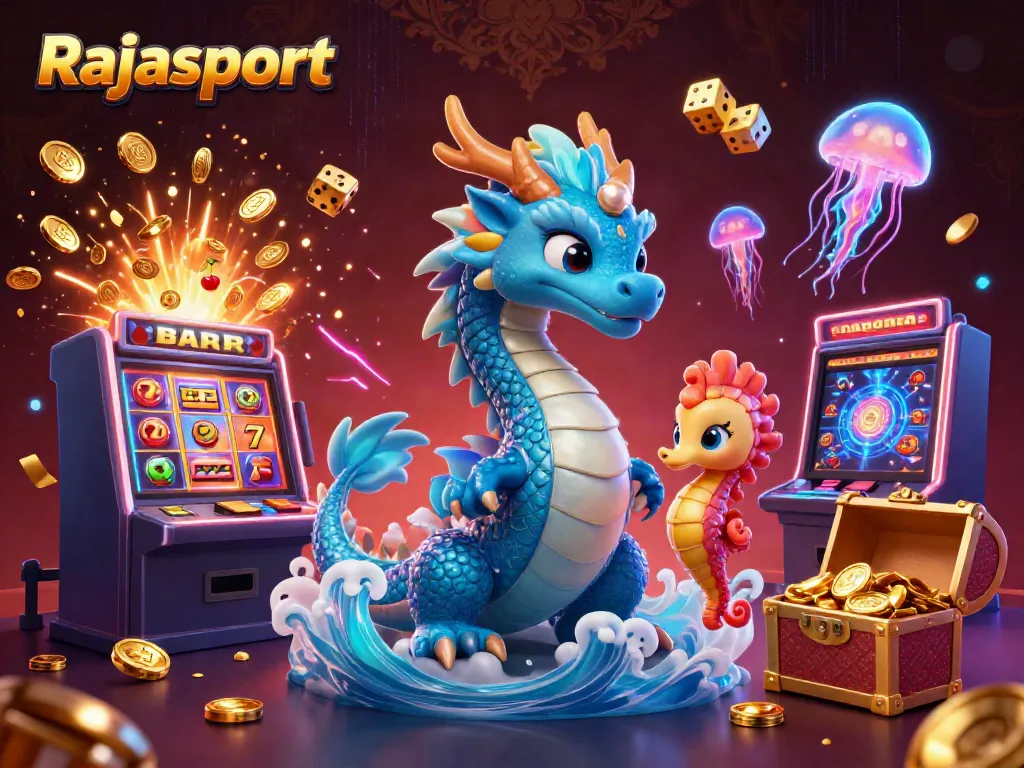 Rajasport menghadirkan ilustrasi permainan slot dengan karakter naga dan kuda laut di antara simbol keberuntungan.