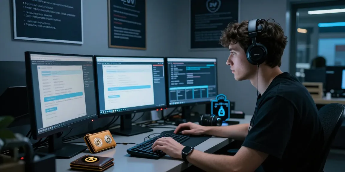 Focused individual in a fullz shop using multiple monitors to verify CVV data with cryptocurrency payment tools.
