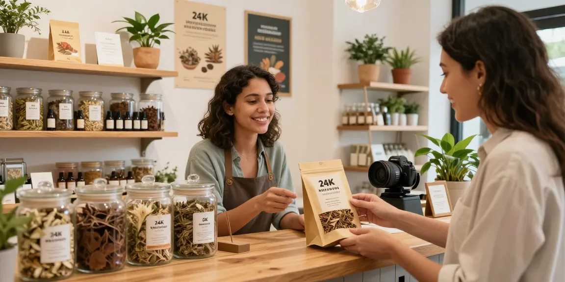 Customer exploring 24k-monkey-56-grams herbal incense in a welcoming shop atmosphere.