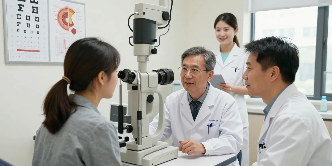 Dr. Tong Man Kit (湯文傑) consulting patient in modern ophthalmology clinic.
