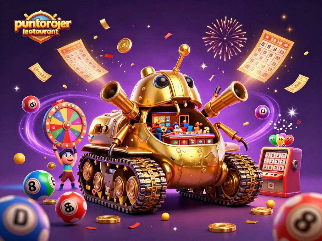Puntorojorestaurant showcases a vibrant 3D casino tank brimming with energy, confetti, and dynamic lottery balls.