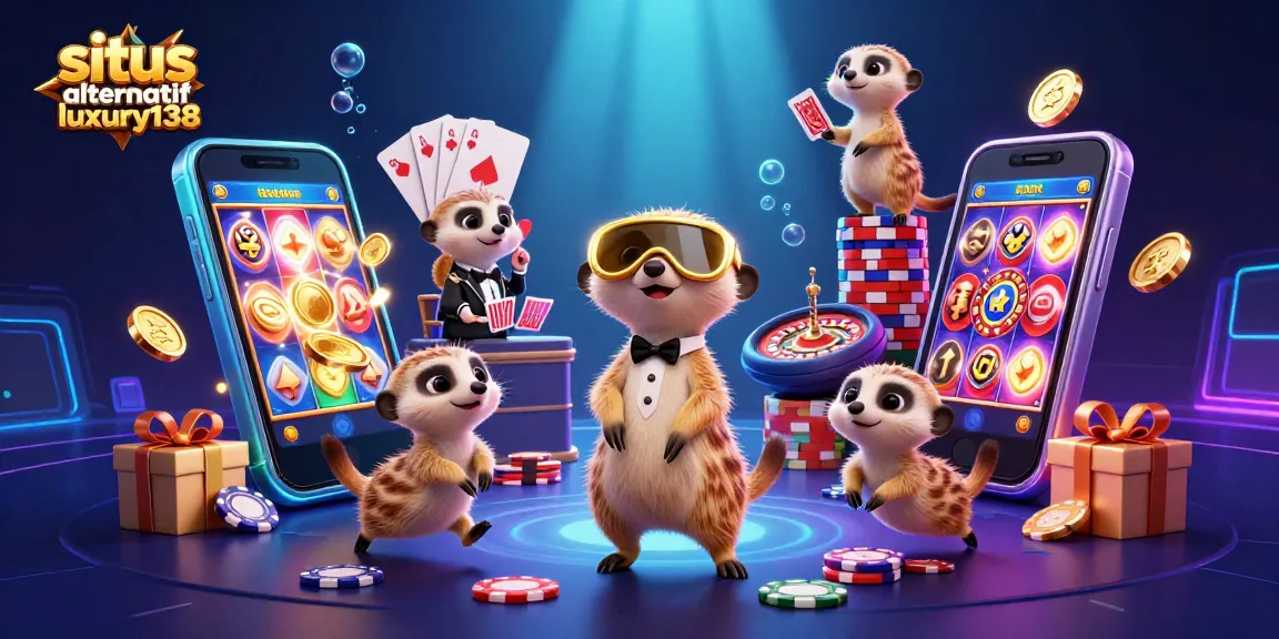 Engaging illustration of situs alternatif luxury138 with meerkats running a vibrant casino operation, showcasing dynamic gaming elements.