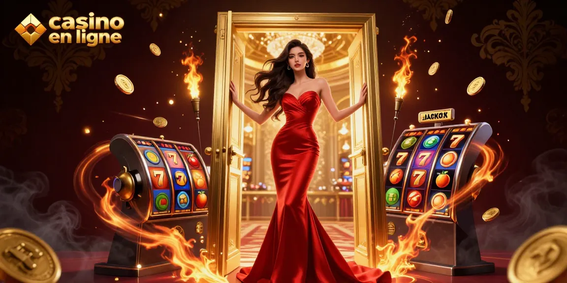 Jouez au casino en ligne avec des illustrations vibrantes d'une belle femme dans un cadre VIP, mettant en avant des éléments de machines à sous.