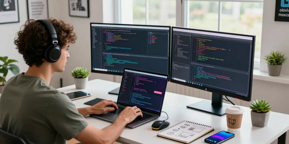 Developer using AI code generator in a modern workspace with monitors and coding elements.