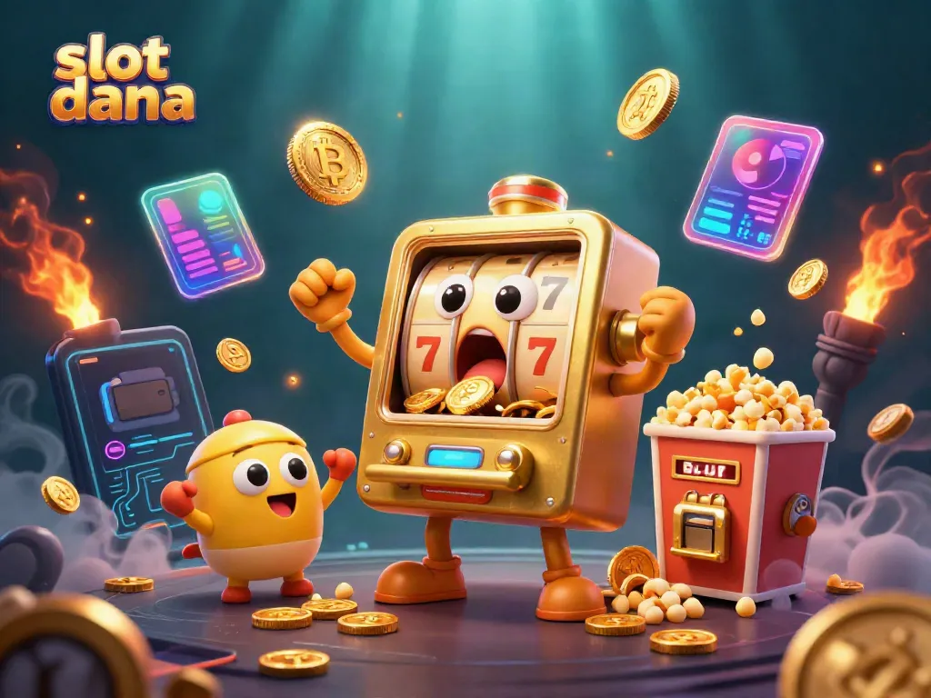Slot dana memukau dengan mesin slot emas yang terkejut saat jackpot, dikelilingi koin dan elemen slot menarik.