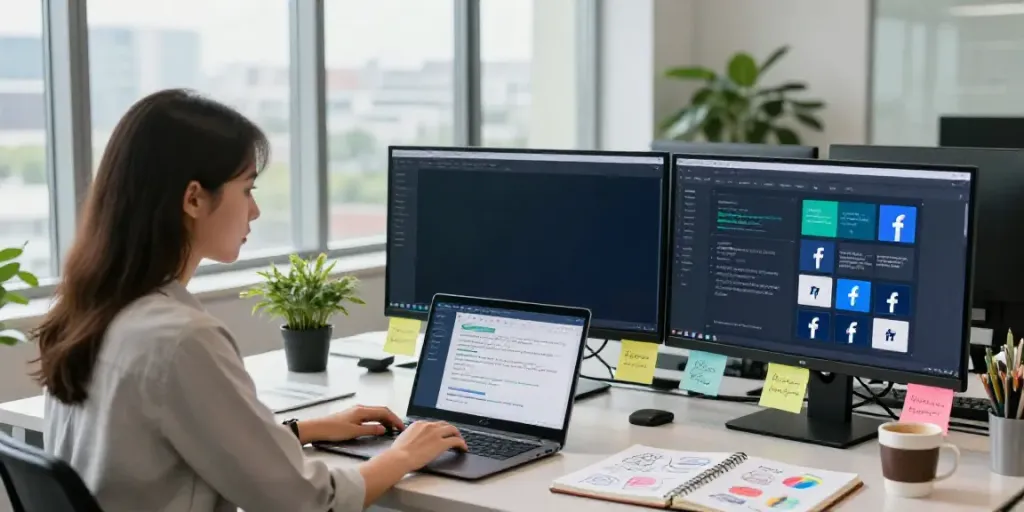 AI tools for Facebook ad copy in a vibrant marketing workspace with a marketer brainstorming.