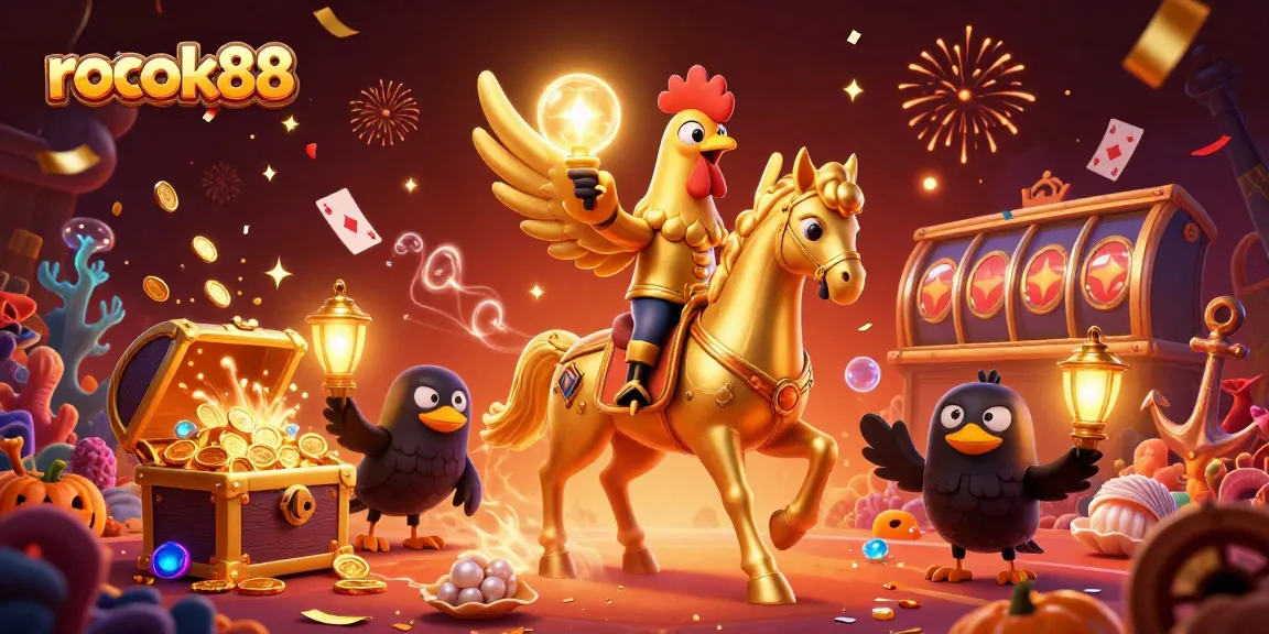 Experience the vibrant world of rokok88 with a golden rooster and treasures cascading in a spectacular casino