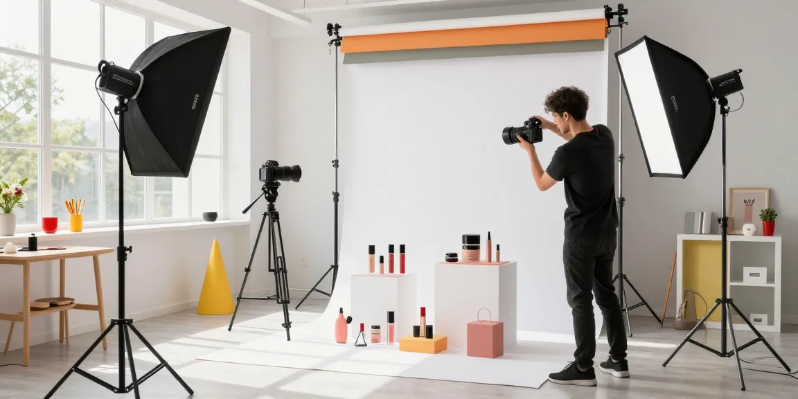 Fotografo prodotti Milano in studio mentre cattura immagini di prodotti cosmetici e accessori, illuminato da luce naturale.