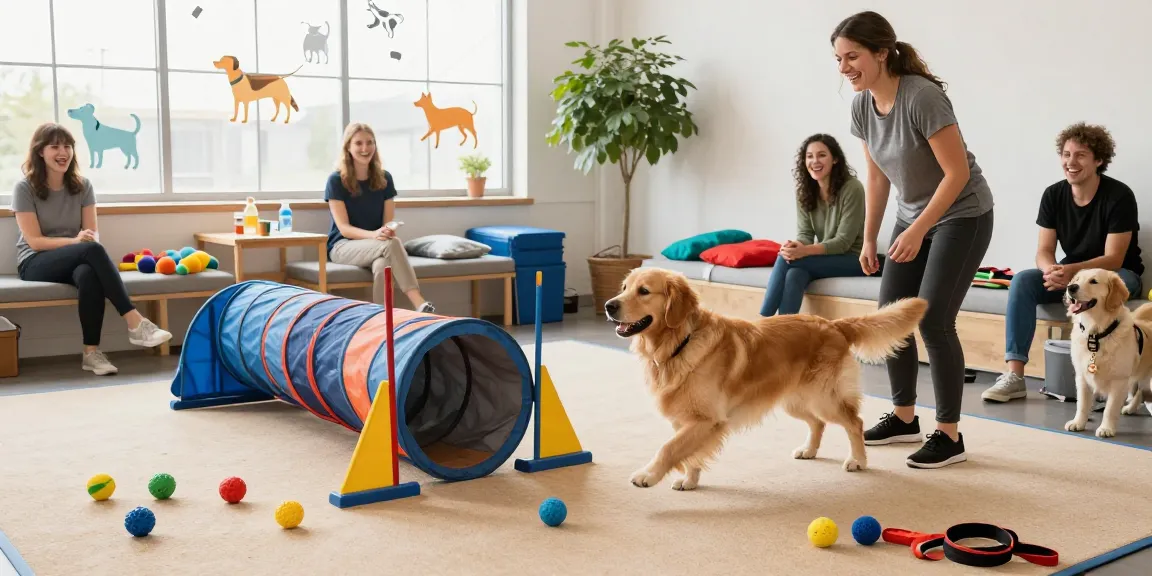 Golden retriever training with NAGA2000 agility equipment in a bright indoor pet facility.