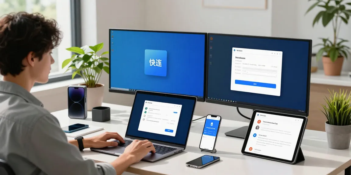 快连 app download process at a modern workspace featuring dual monitors and vibrant tech ambiance.