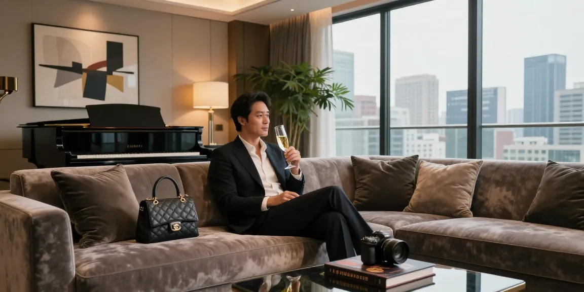 Pengalaman gaya hidup mewah dengan luxury111 di apartemen modern, individu menikmati champagne dan pemandangan kota yang megah.