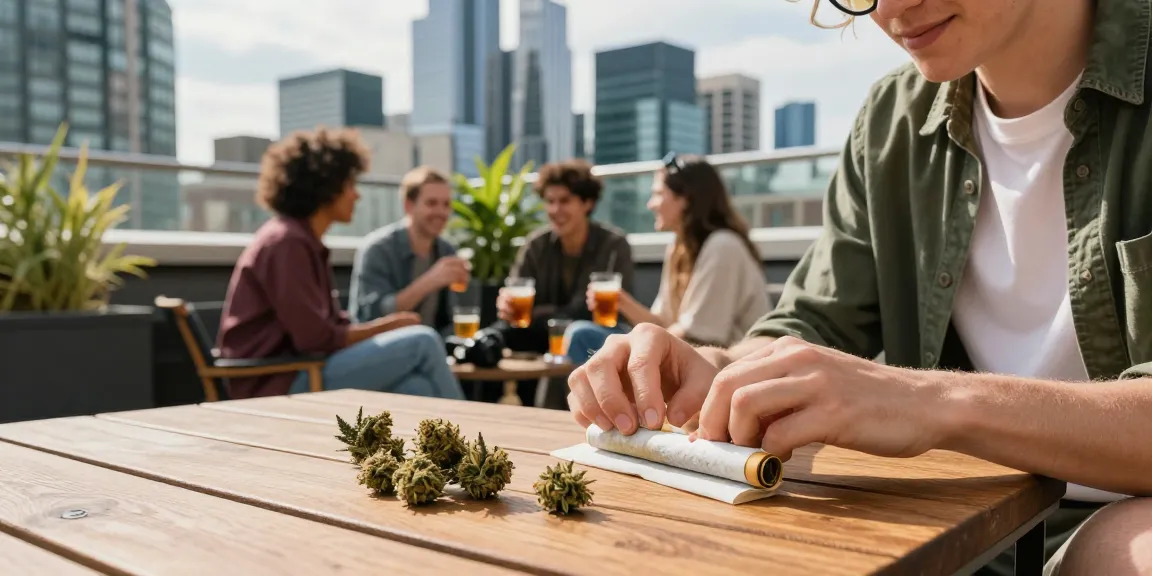 How Do People Buy High Grade Cannabis In The UK? Urban rooftop scene showcasing friends enjoying high-grade cannabis in a relaxed environment.