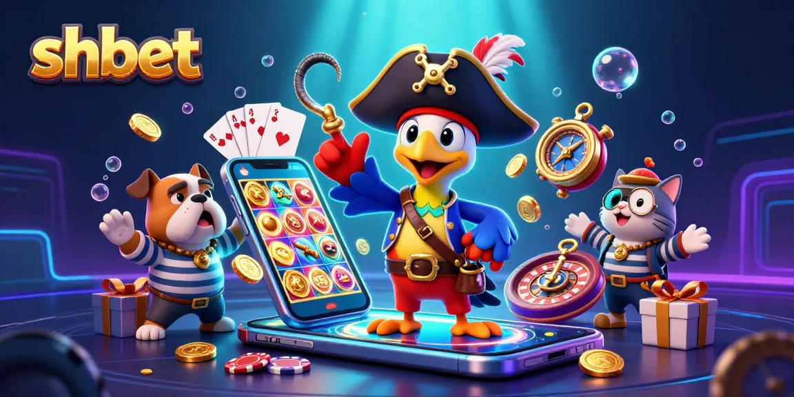 Experience thrilling wins at SHBET with the pirate captain, first-mate bulldog, and ship's cat, amidst dazzling casino elements.