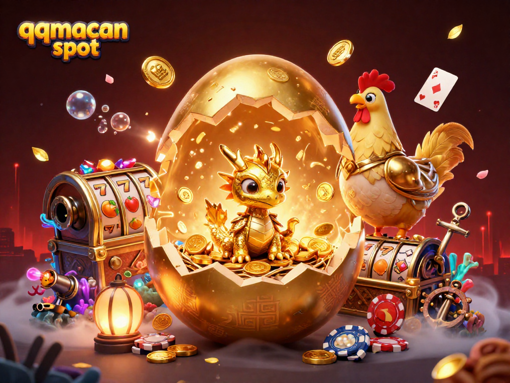 Spin the qqmacan slot reels among gold and fantasy treasures in a vibrant casino scene