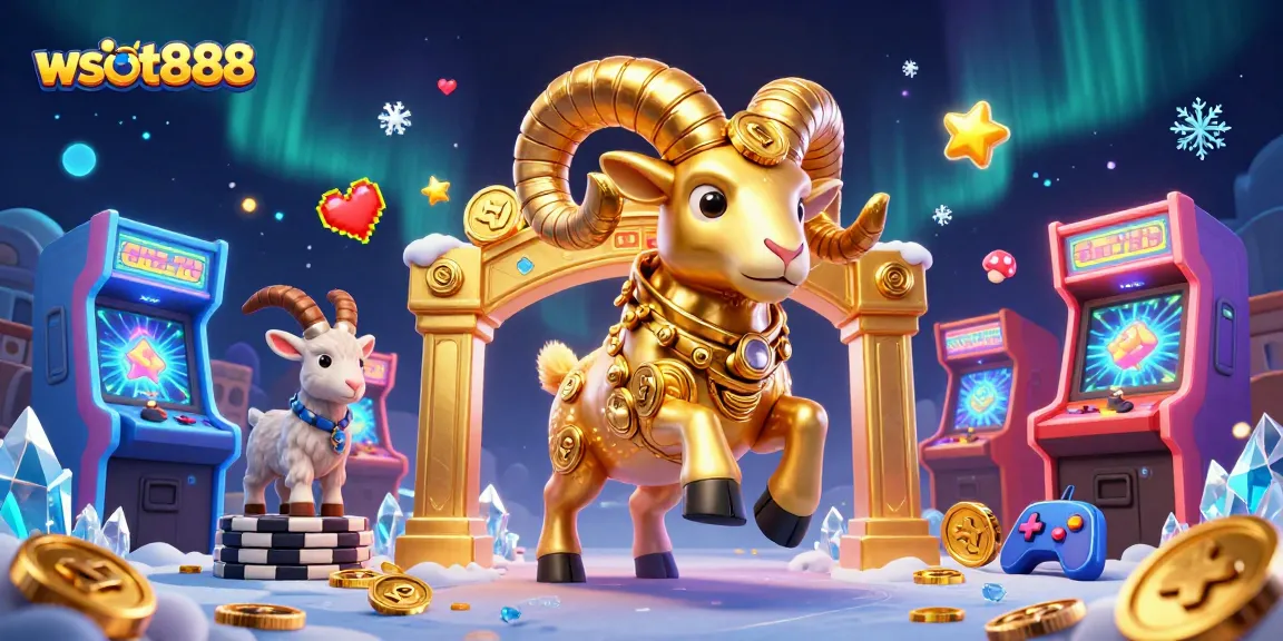 Ikon kasino wslot888, menampilkan peti harta emas dan permainan arcade yang cerah