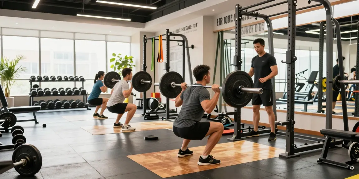 Driada Shop fitness scene with athletes lifting weights in a modern gym.