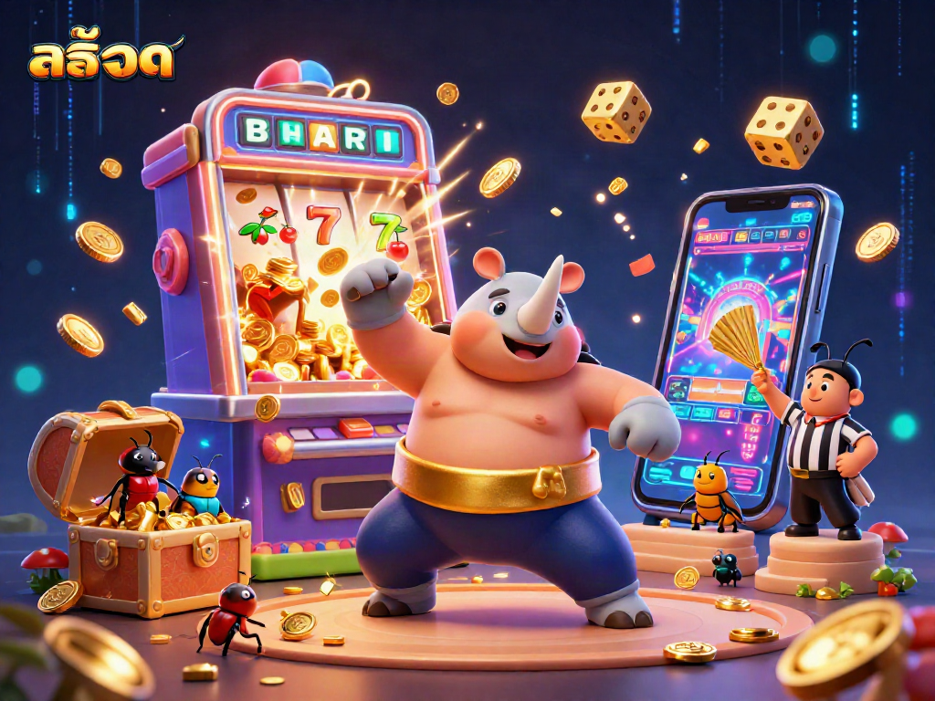 Experience the excitement of สล็อต jackpot with a 3D illustration featuring a beetle sumo champion.