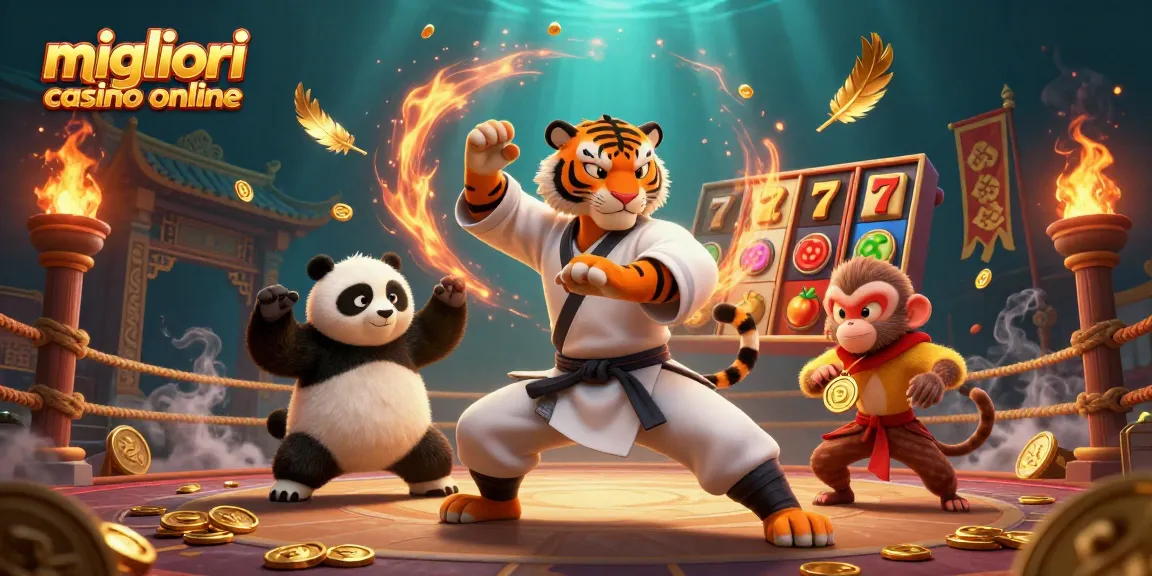 Interagisci con il migliore casino online con un tigre di kung fu, un panda discepolo e una scimmia con simboli di jackpot.