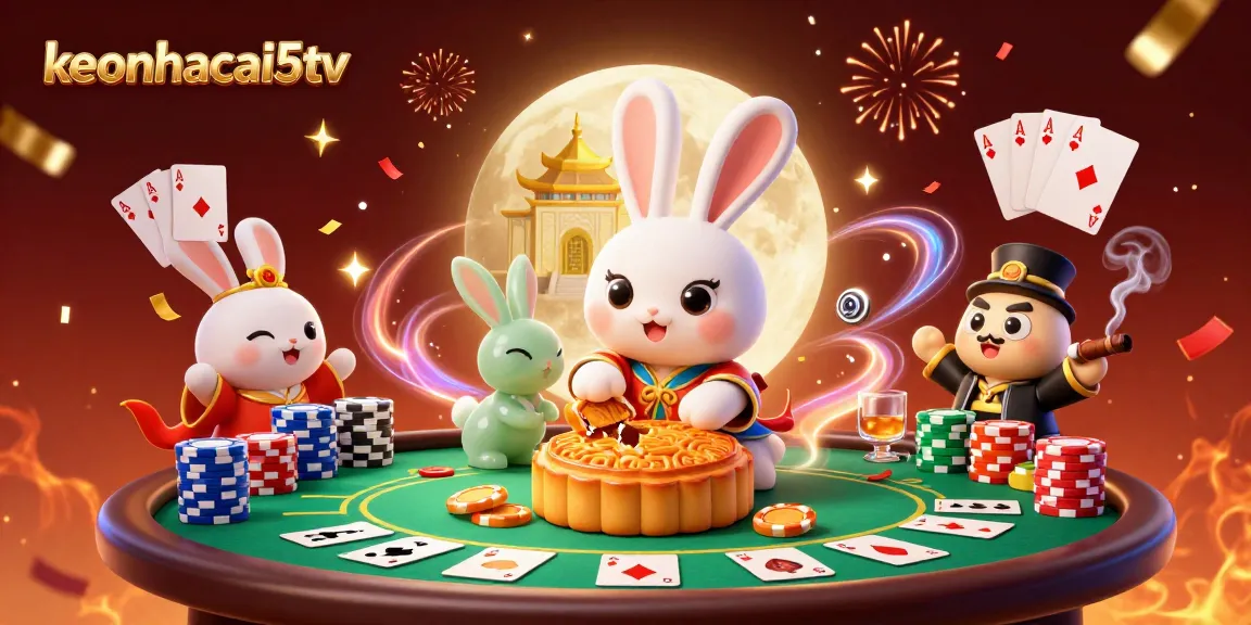 Engage with keonhacai5tv magic as rabbits reveal poker chips amidst casino glory.