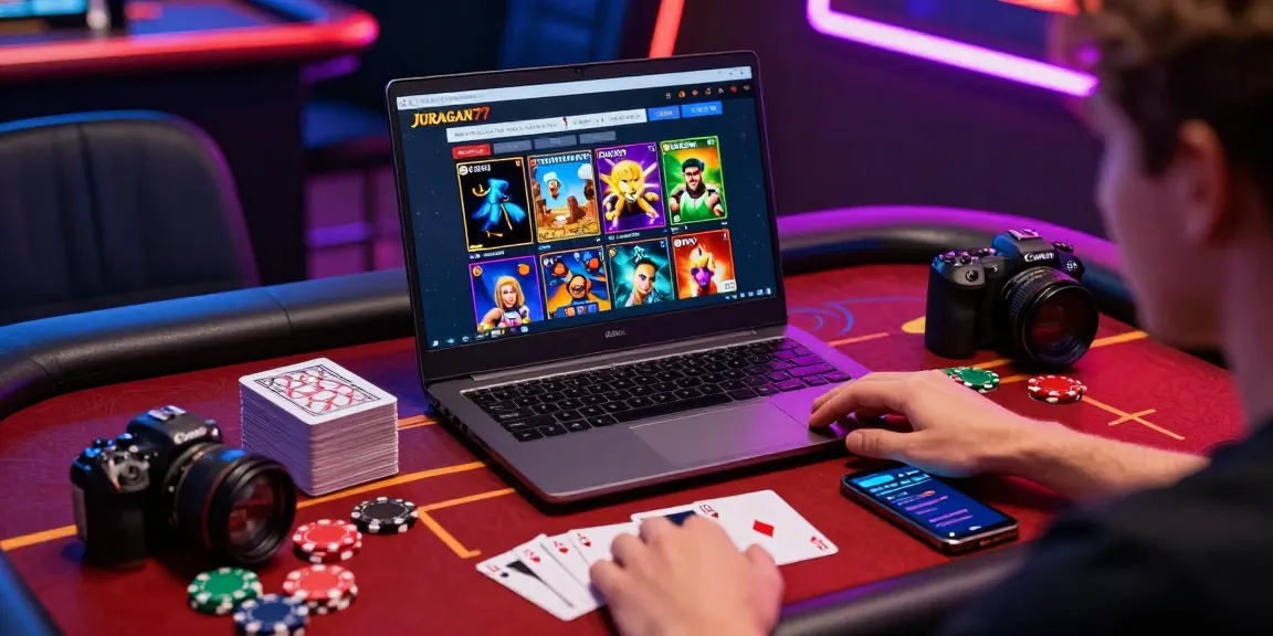 Pengalaman gaming JURAGAN77 dengan pemain sedang bermain di ruang yang penuh warna.