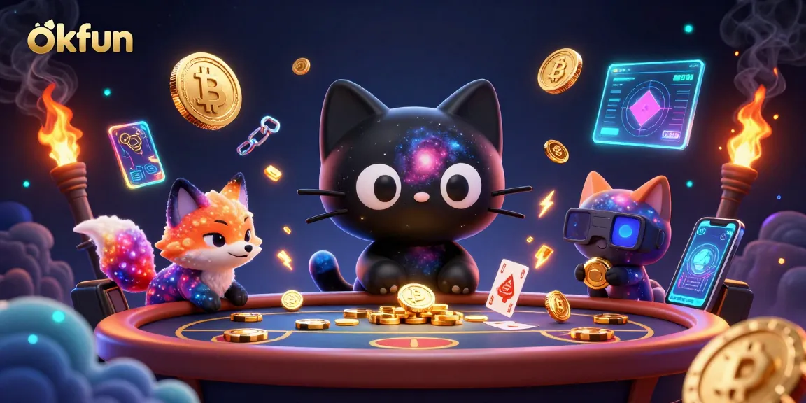 Engage with the cosmic casino experience at okfun, featuring a black hole cat winning chips.