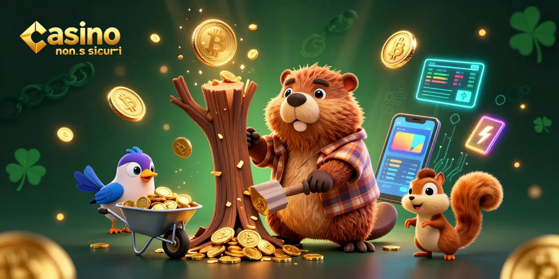 Giocare ai casino non AAMS sicuri mentre il castoro raccoglie monete d'oro e Bitcoin in una scena festosa.