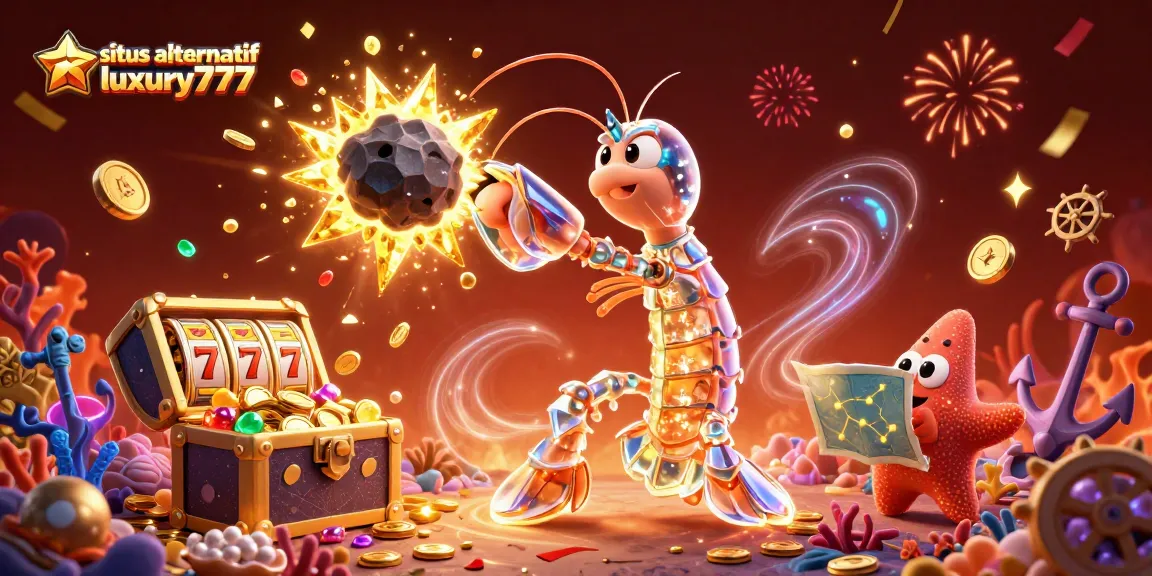 Win big with situs alternatif luxury777 featuring a galactic samurai shrimp amidst slot reels and gems.