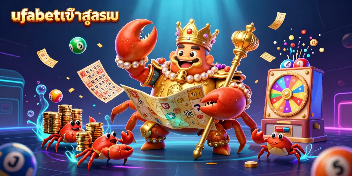 Engage with ufabetเข้าสู่ระบบ through vibrant lottery elements and a regal crab emperor in a dynamic 3D scene.