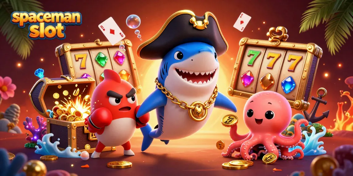Play the spaceman slot game with Chibi pirate shark characters and vibrant slot elements.