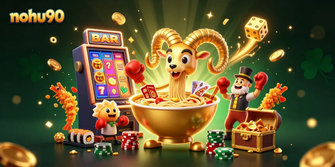 Nohu90 showcases captivating 3D illustration with a golden ramen bowl dealer and vibrant slot machine elements.