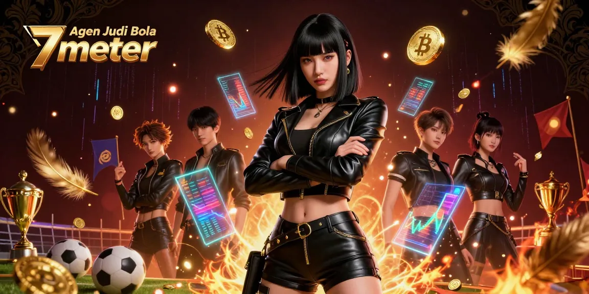 Agen Judi Bola 7meter sports betting illustration featuring an Asian woman surrounded by neon effects and betting tokens.