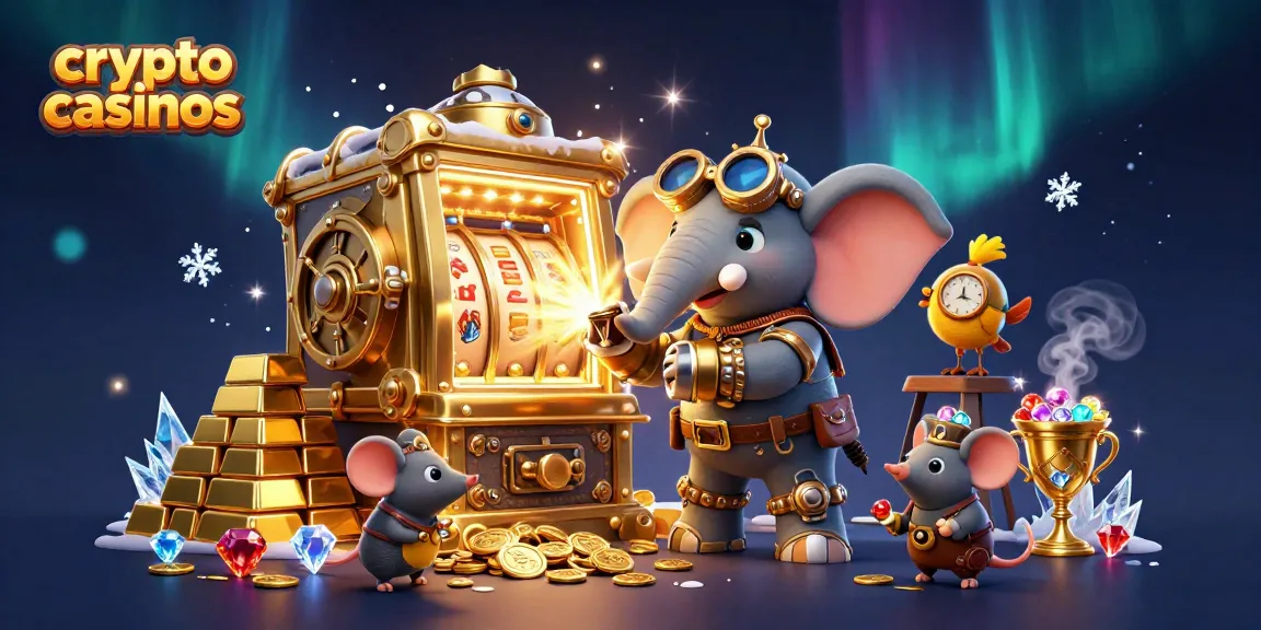 Jouer aux crypto casinos avec un éléphant ingénieur et des machines à sous dorées.