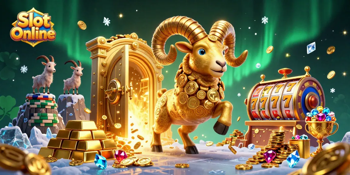 Engage with Slot Online's dynamic world, featuring golden ram, treasure vault, and vibrant slot reels.