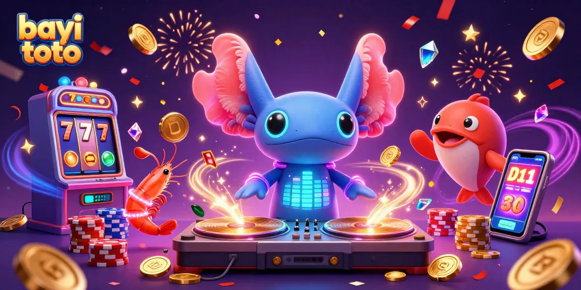 Join the excitement with bayi toto as a neon axolotl DJ spins slot reels amid a vibrant casino scene.