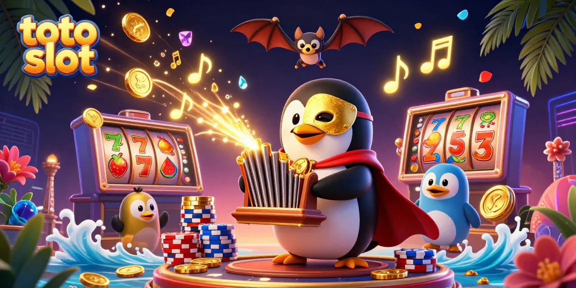 Engage in thrilling toto slot action with a 3D illustration showcasing a penguin and sparkling gems