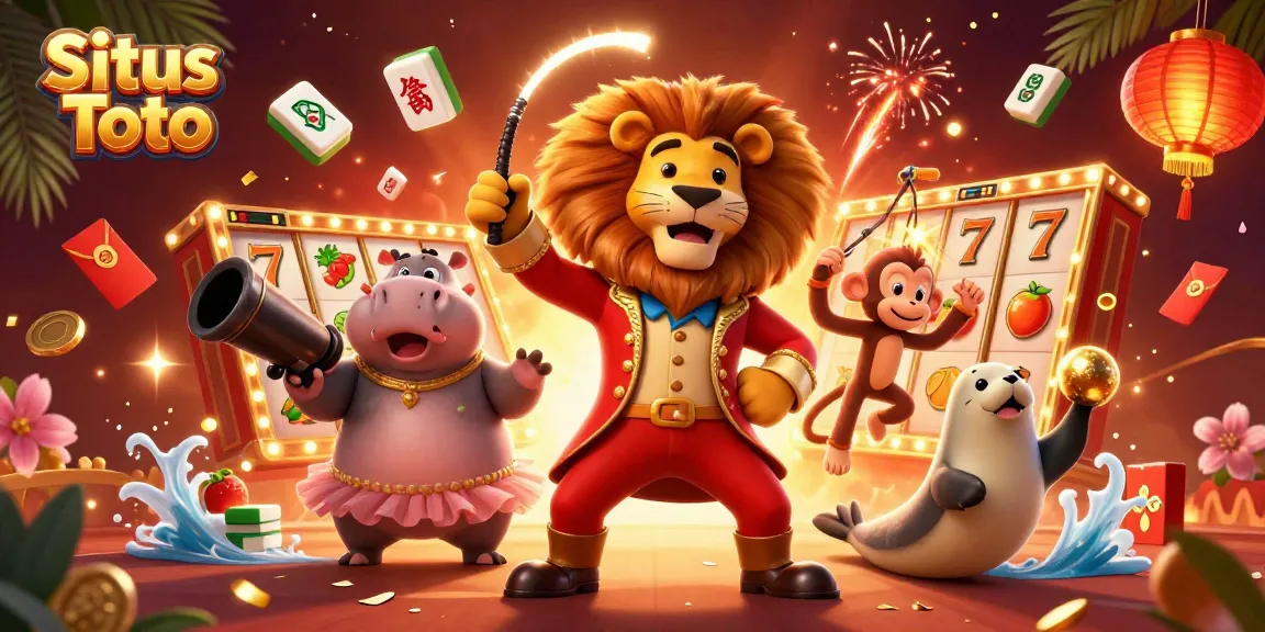 Situs Toto showcases vibrant slot gaming excitement with cartoon characters and festive elements.