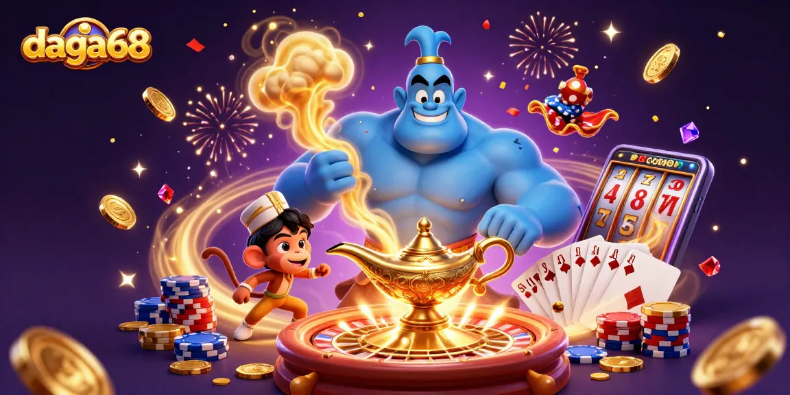 Daga68 showcases a vibrant casino scene with a genie, monkey, and poker chips igniting excitement.
