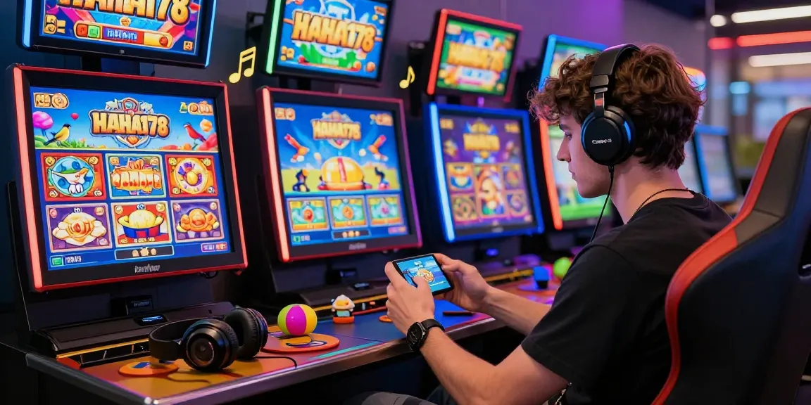 Engaged player exploring haha178 daftar on mobile device amidst vibrant slot games and musical ambiance.