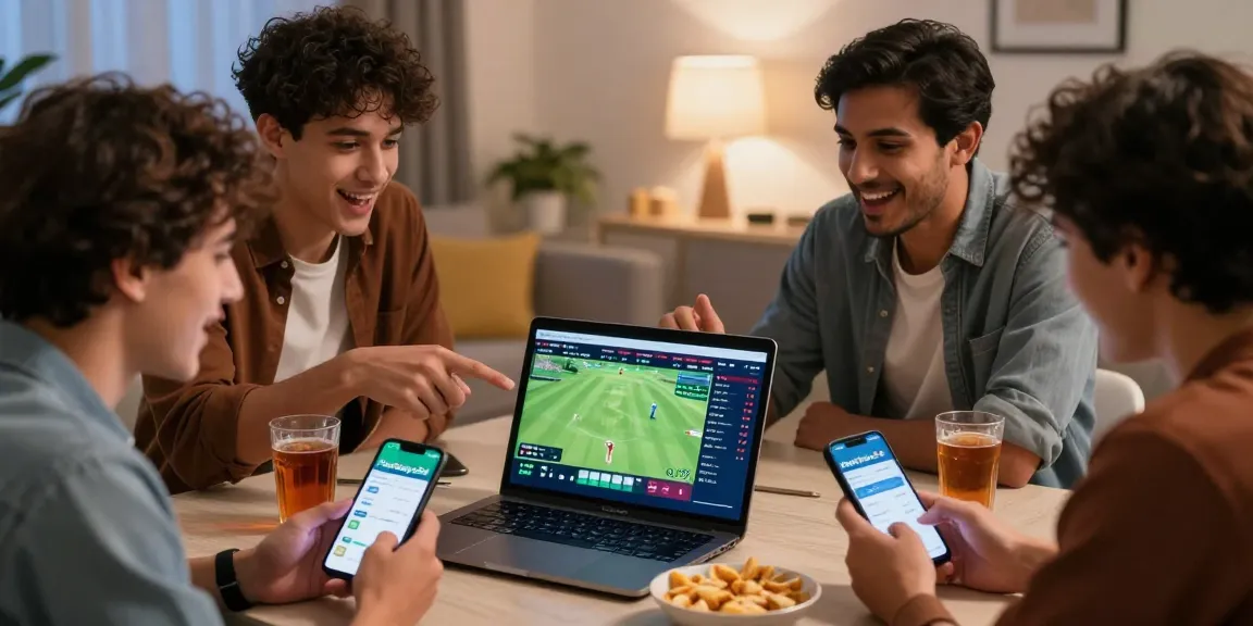 Exciting gathering of friends using Fairplay24 for online cricket betting, showcasing camaraderie and sports enthusiasm.