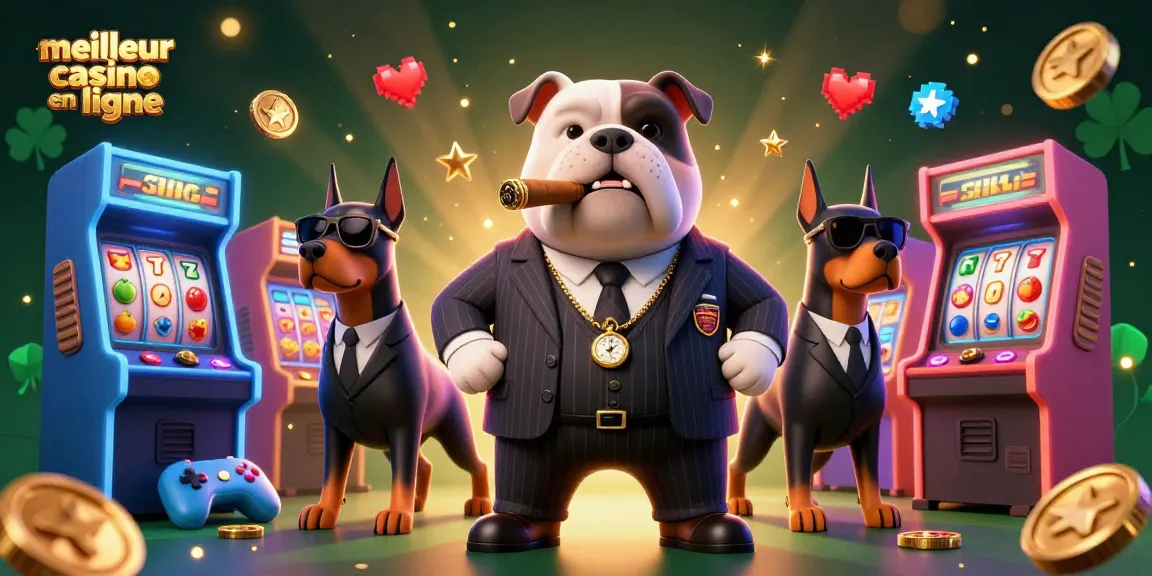 Illustration dynamique d'un meilleur casino en ligne avec un bulldog mafieux et deux dobermans dans un cadre de jeu animé.