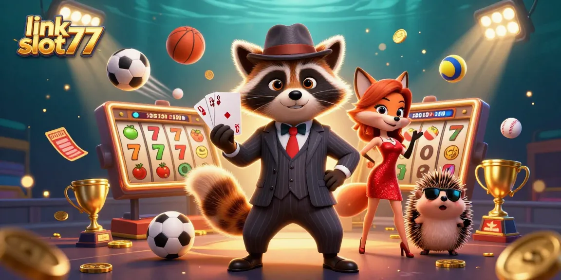 Spin for big wins at link slot77 with raccoon and friends in a vibrant 3D casino scene.