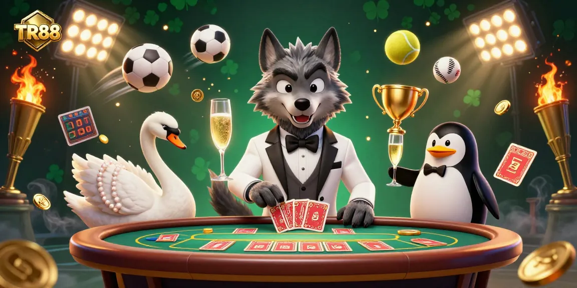 Experience exciting gameplay with TR88 as a debonair wolf, elegant swan, and suave penguin in a vibrant casino scene.