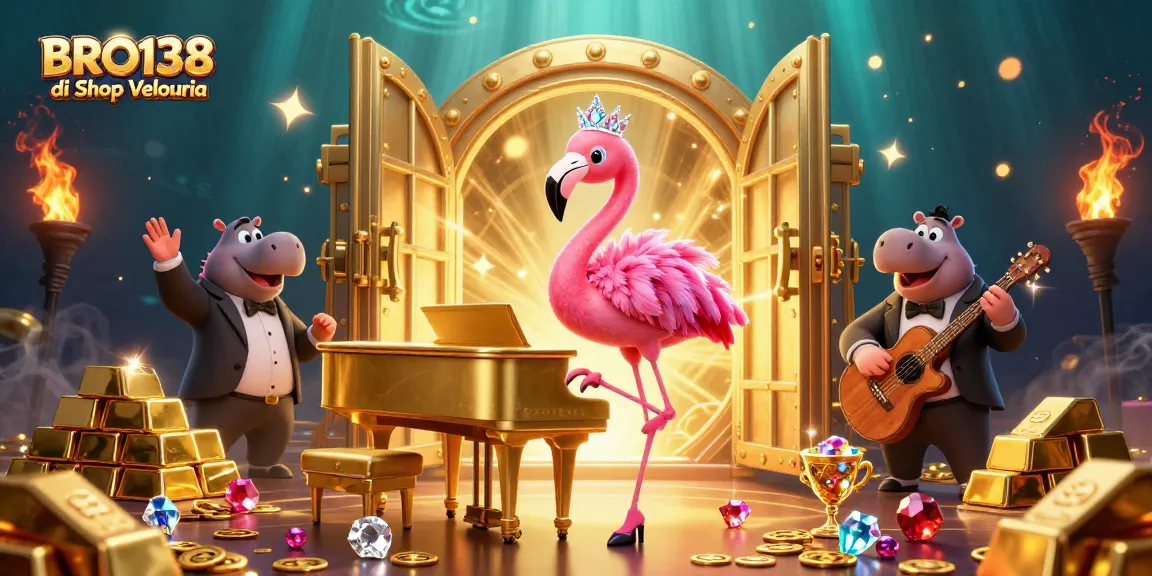 Engage with BRO138 di Shop Velouria, a vibrant casino scene featuring lively entertainers and gleaming treasures.