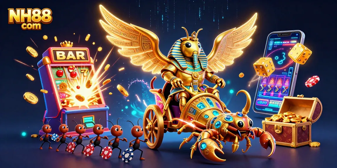 Experience vibrant casino action with NH88 com, featuring a golden scarab and dynamic gaming elements.